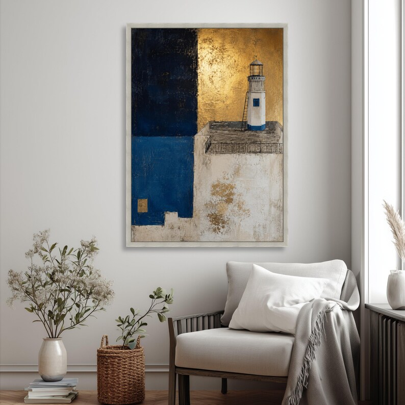 Abstract Nautical Graphics Minimalist Lighthouse Canvas Wall Art, Blue and Gold Abstract, Coastal ...