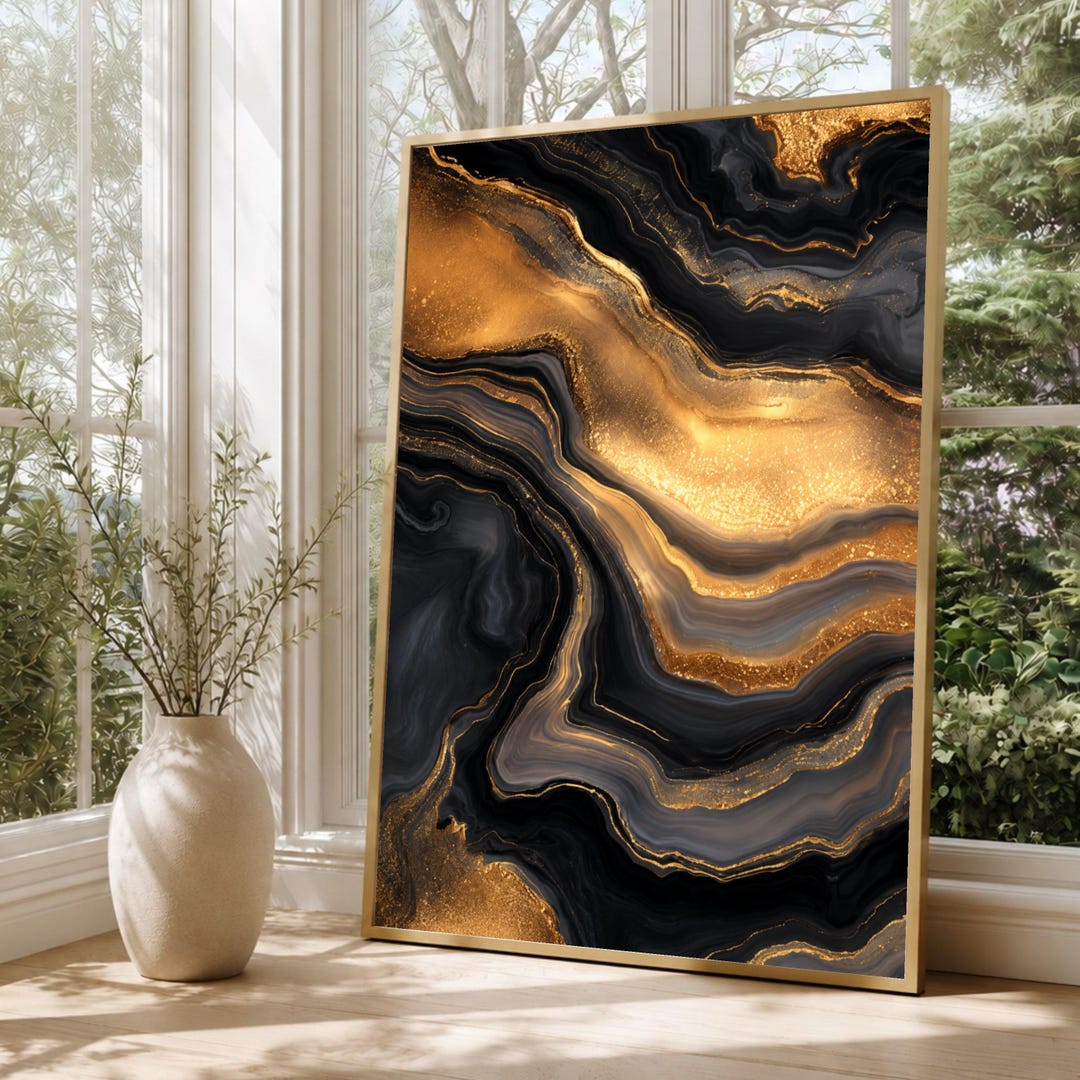 Luxurious Black and Gold Abstract Canvas, Marble Wall Art, Modern Home ...