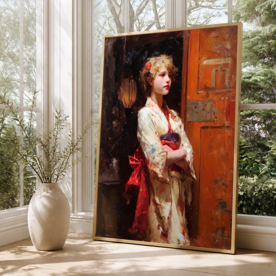 Elegant Asian Woman Portrait Canvas, Vintage Kimono Wall Art ...