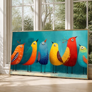 May include: A framed art print depicting six colourful birds against a teal backdrop. The birds are rendered in a whimsical style, with a palette of red, orange, yellow, and blue. This artwork would be a charming addition to any interior, bringing a touch of nature.