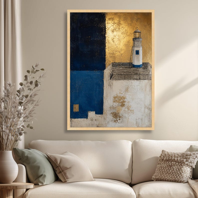 Abstract Nautical Graphics Minimalist Lighthouse Canvas Wall Art, Blue and Gold Abstract, Coastal ...