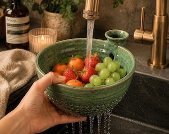 Keramik Beerenschüssel mit Sieb, handgemachte Obstwaschschüssel, Vintage Seladon glasierte Siebschüssel, 8 Farben, Bauernhaus-Küchengeschenk