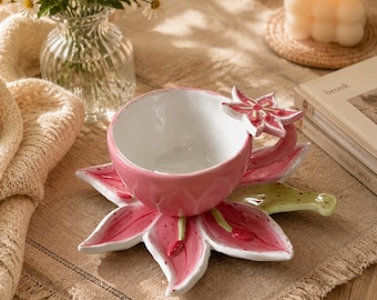 Hand-Sculpted Lily Teacup and Saucer Set, Floral Ceramic Coffee Cup