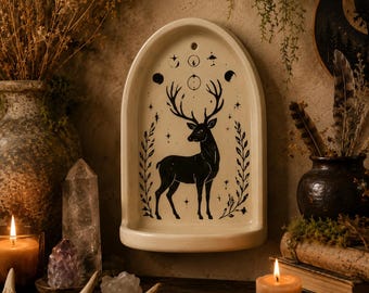 Ceramic Altar Shelf, Handmade Wall Shrine with Spiritual Symbols, Moon Moth Serpent Crystal Shelf, Witchy Wall Decor, Pagan Altar Gift