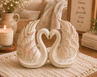 Personalized Ceramic Swan Couple Figurine, Wedding Cake Topper, Anniversary Gift