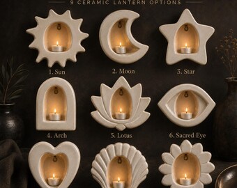 Keramik Kerze Laterne Wandleuchte, Handgemachter Teelichthalter, Sonne Mond Lotus Stern Herz Bogen Muschel, 9 Formen 9 Farben, Boho Cottagecore Geschenk