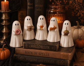 Cozy Ghost Figurine — Handmade Ceramic Halloween Snack Ghost, Autumn Cottagecore Decor, Collectible Ghost Sculpture, 5 Snack Options
