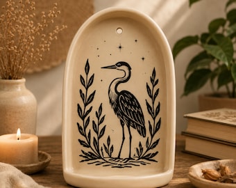 Ceramic Wall Shelf with Nature Art, Handmade Pottery Bird Moth Fern Arch Shelf, Botanical Wall Decor, Cottagecore Home Gift, Crystal Display