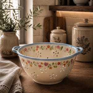 Handmålad blommig keramisk bärsil, skål för lantlig köksdesign
