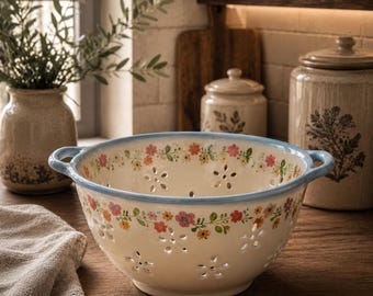Ceramic Berry Colander with Handles, Handmade Floral Fruit Strainer Bowl, Hand Painted Pottery Colander, 9 Colors, Farmhouse Kitchen Gift