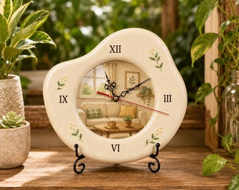 Custom Hand-Painted Ceramic Clock, Organic Boho Cottagecore Wall Decor