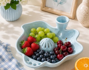 Handmade Ceramic Berry Bowl with Juicer, Pastel Fruit Strainer Colander