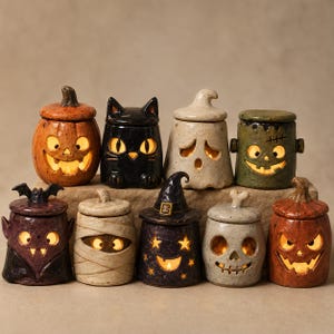 May include: A collection of nine ceramic Halloween-themed tea light holders shaped like a pumpkin, black cat, ghost, Frankenstein monster, vampire, mummy, witch, skull, and another pumpkin, each with cutouts glowing with warm internal light.