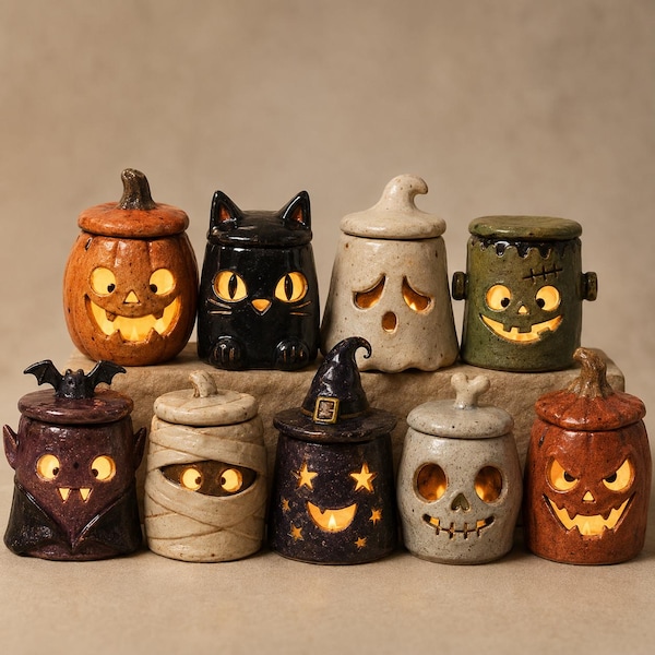 Hand-sculpted Ceramic Halloween Lanterns – Spooky Cottagecore Tealight Holders