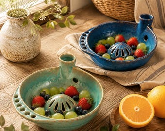 Handmade Ceramic Berry Bowl with Juicer, Fruit Colander, Cottagecore Kitchenware