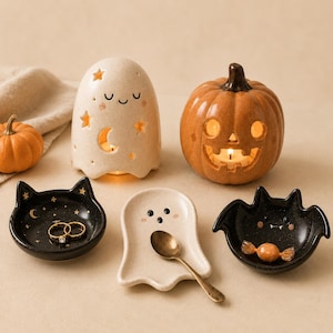 Handbemaltes Halloween-Keramikset, Geschirr mit Geister-, Kürbis-, Katzen- und Fledermausmotiven, Kerzenhalter