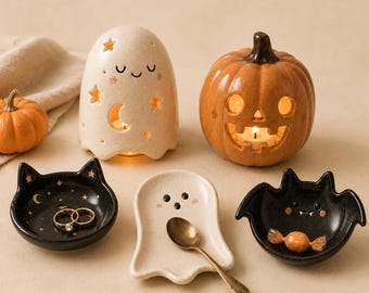 Halloween Ceramic Decor Set, Hand Painted Ghost Pumpkin Cat Bat Trinket Dish, Mini Halloween Candle Holder, Cozy Spooky Home Decor Gift