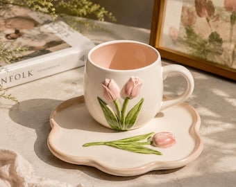 Hand Sculpted Tulip Mug and Saucer Set, 3D Flower Ceramic Cup, Cottagecore Kitchen