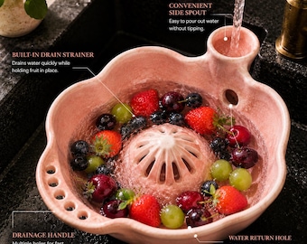 Handmade Ceramic Berry Bowl with Juicer, Fruit Colander Strainer, Cottagecore Kitchenware