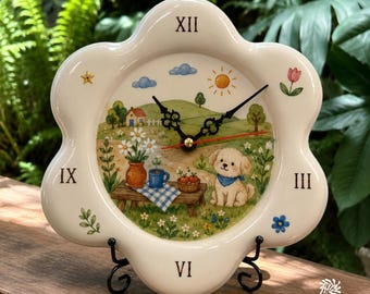 Custom Hand-Painted Ceramic Flower Clock, Pet Portrait, Cottagecore Home Decor