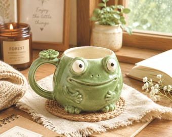 Whimsical Frog Ceramic Mug, Handmade Pottery Frog Coffee Cup with Lily Pad, Funny Frog Mug, Cute Father's Day Gift for Dad, Frog Lover Gift