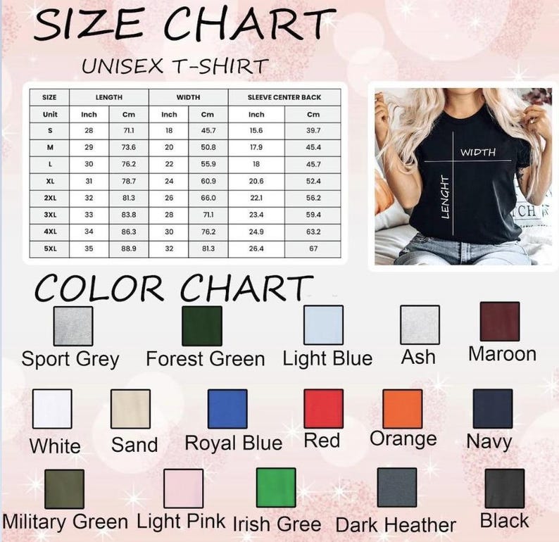 Op de afbeelding: Een maattabel voor een unisex T-shirt, met afmetingen in inches en centimeters. De kleurenkaart toont verschillende kleuren, waaronder Sport Grey, Forest Green, Light Blue en Black. De afbeelding toont ook een persoon die een zwart T-shirt draagt.
