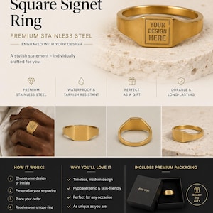 Könnte beinhalten: Vergoldeter quadratischer Siegelring aus hochwertigem Edelstahl. Der Ring ist mit einem Design graviert und wasserfest und anlaufbeständig. Das Bild enthält den Text "YOUR DESIGN HERE" und "Square Signet Ring".