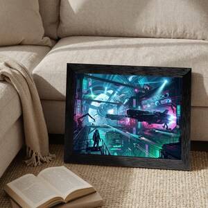 May include: A framed wall art print featuring a futuristic sci-fi scene of a space station interior labeled ORBITAL DOCK 7. The artwork displays a dark spaceship, a lone figure in a space suit, glowing neon blue and pink lights, and complex machinery.