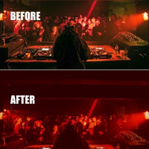 Puede incluir: Comparaci&oacute;n de im&aacute;genes de una escena de discoteca, etiquetadas como "ANTES" y "DESPU&Eacute;S". La imagen "ANTES" muestra un DJ y una multitud en una habitaci&oacute;n con poca luz y luces rojas. La imagen "DESPU&Eacute;S" muestra la misma escena con iluminaci&oacute;n roja mejorada.