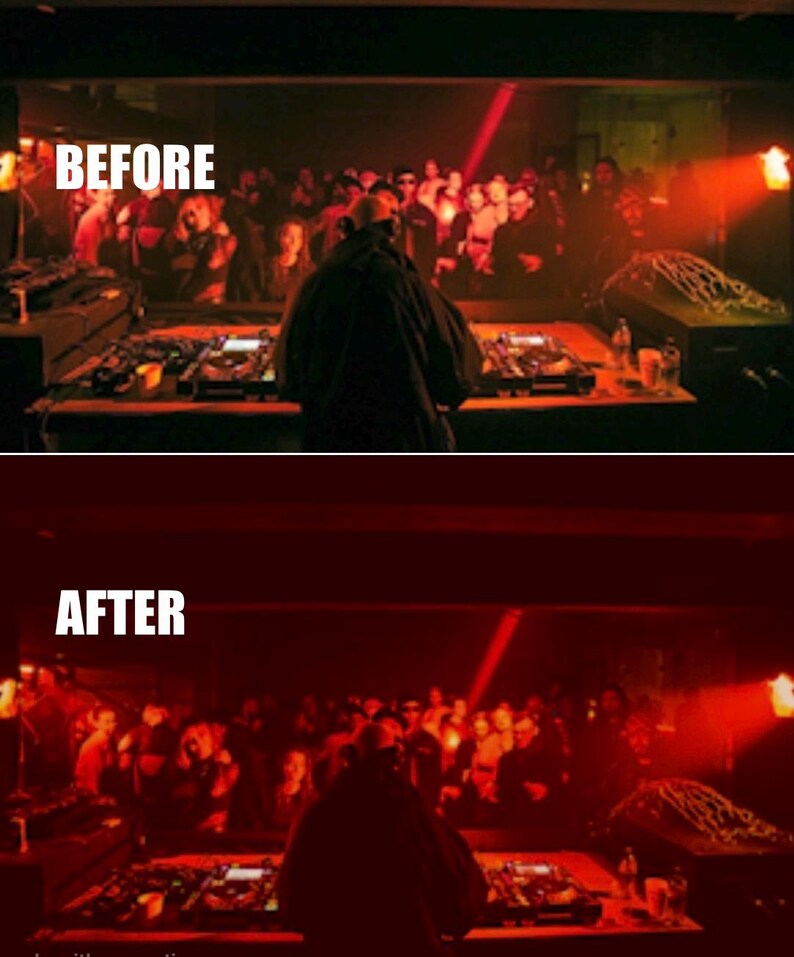 Puede incluir: Comparaci&oacute;n de im&aacute;genes de una escena de discoteca, etiquetadas como "ANTES" y "DESPU&Eacute;S". La imagen "ANTES" muestra un DJ y una multitud en una habitaci&oacute;n con poca luz y luces rojas. La imagen "DESPU&Eacute;S" muestra la misma escena con iluminaci&oacute;n roja mejorada.