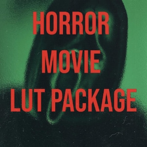 May include: A green background with the words "HORROR MOVIE LUT PACKAGE" in red. A black, ghostly figure is in the background. The image has a textured, slightly blurred appearance.