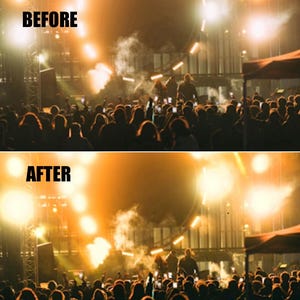 Puede incluir: Comparaci&oacute;n de im&aacute;genes de una escena de concierto antes y despu&eacute;s de la edici&oacute;n. La mitad superior dice "BEFORE" en letras negras en negrita. La mitad inferior dice "AFTER". La escena est&aacute; llena de una multitud, luces de escenario y un escenario.