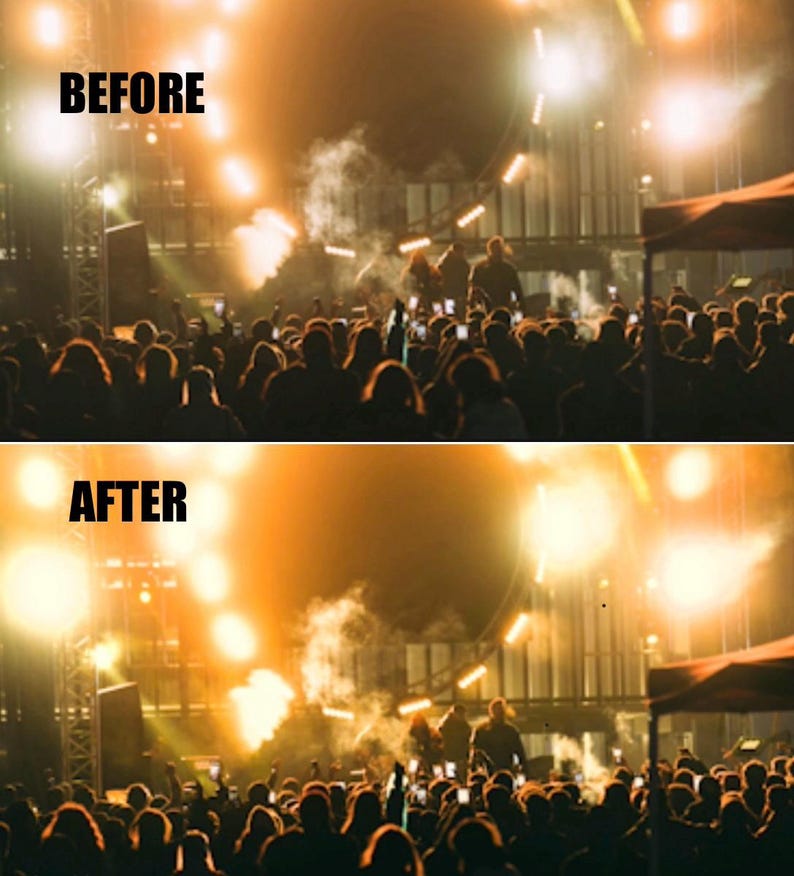 Puede incluir: Comparaci&oacute;n de im&aacute;genes de una escena de concierto antes y despu&eacute;s de la edici&oacute;n. La mitad superior dice "BEFORE" en letras negras en negrita. La mitad inferior dice "AFTER". La escena est&aacute; llena de una multitud, luces de escenario y un escenario.