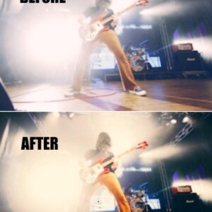 Puede incluir: Comparaci&oacute;n de im&aacute;genes "ANTES" y "DESPU&Eacute;S" de un escenario de concierto. Una persona toca una guitarra el&eacute;ctrica roja y blanca, vistiendo una camisa negra y pantalones color canela. Las luces del escenario iluminan la escena, con una bater&iacute;a y amplificadores visibles.