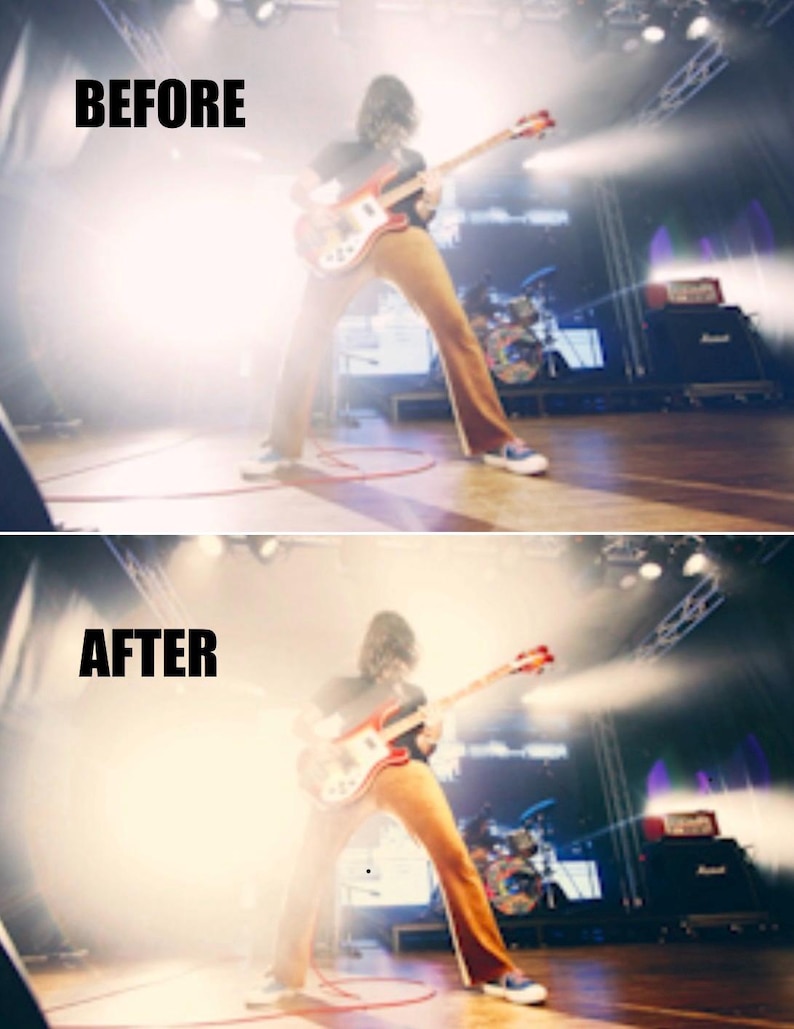 Puede incluir: Comparaci&oacute;n de im&aacute;genes "ANTES" y "DESPU&Eacute;S" de un escenario de concierto. Una persona toca una guitarra el&eacute;ctrica roja y blanca, vistiendo una camisa negra y pantalones color canela. Las luces del escenario iluminan la escena, con una bater&iacute;a y amplificadores visibles.