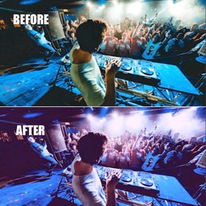Puede incluir: Imagen de antes y despu&eacute;s de un DJ en un concierto. La imagen superior, etiquetada como "ANTES", muestra a un DJ en una consola con una multitud en el fondo. La imagen inferior, etiquetada como "DESPU&Eacute;S", muestra la misma escena con un ajuste de color, mejorando la iluminaci&oacute;n azul.