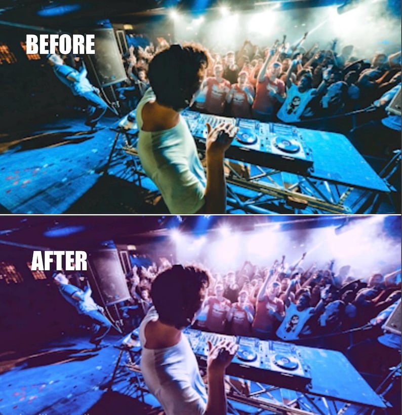 Puede incluir: Imagen de antes y despu&eacute;s de un DJ en un concierto. La imagen superior, etiquetada como "ANTES", muestra a un DJ en una consola con una multitud en el fondo. La imagen inferior, etiquetada como "DESPU&Eacute;S", muestra la misma escena con un ajuste de color, mejorando la iluminaci&oacute;n azul.