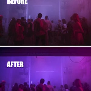 Puede incluir: Comparaci&oacute;n de im&aacute;genes que muestra una multitud de personas en un espacio con poca luz, con una combinaci&oacute;n de colores p&uacute;rpura y rojo. El texto "BEFORE" est&aacute; en la parte superior y "AFTER" en la inferior, lo que indica un cambio visual.