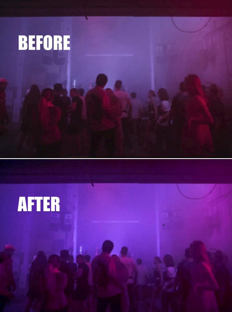 Puede incluir: Comparaci&oacute;n de im&aacute;genes que muestra una multitud de personas en un espacio con poca luz, con una combinaci&oacute;n de colores p&uacute;rpura y rojo. El texto "BEFORE" est&aacute; en la parte superior y "AFTER" en la inferior, lo que indica un cambio visual.