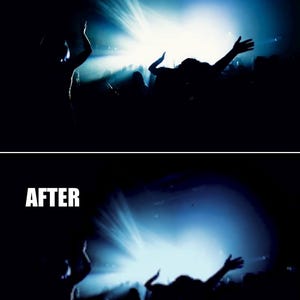 Puede incluir: Comparaci&oacute;n de im&aacute;genes de una escena de concierto antes y despu&eacute;s de la edici&oacute;n. La imagen superior, etiquetada como "ANTES", muestra una luz de escenario azul brillante con figuras silueteadas. La imagen inferior, etiquetada como "DESPU&Eacute;S", muestra la misma escena con un efecto de iluminaci&oacute;n ligeramente alterado.