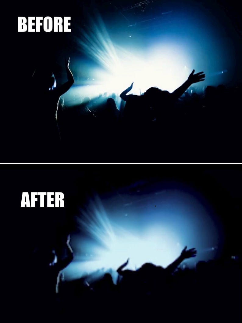 Puede incluir: Comparaci&oacute;n de im&aacute;genes de una escena de concierto antes y despu&eacute;s de la edici&oacute;n. La imagen superior, etiquetada como "ANTES", muestra una luz de escenario azul brillante con figuras silueteadas. La imagen inferior, etiquetada como "DESPU&Eacute;S", muestra la misma escena con un efecto de iluminaci&oacute;n ligeramente alterado.