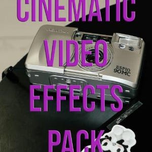 May include: Silver Espio 90MC camera with the text "CINEMATIC VIDEO EFFECTS PACK" in purple. The camera is on a black surface with a panda sticker. The camera has a lens and flash.