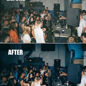 Puede incluir: Imagen del antes y el despu&eacute;s de un evento interior concurrido. La imagen superior dice "ANTES" y muestra un gran grupo de personas, una configuraci&oacute;n de DJ y altavoces. La imagen inferior dice "DESPU&Eacute;S" y muestra la misma escena con una iluminaci&oacute;n ligeramente diferente.