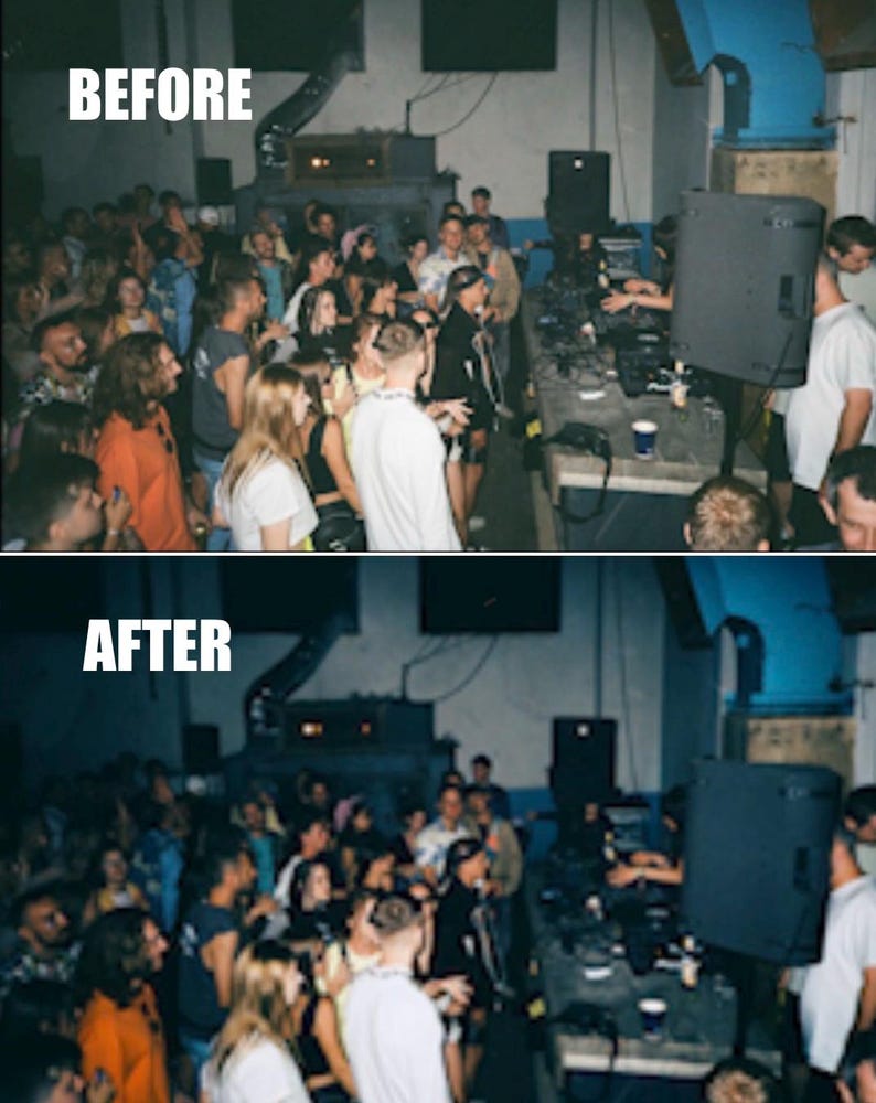 Puede incluir: Imagen del antes y el despu&eacute;s de un evento interior concurrido. La imagen superior dice "ANTES" y muestra un gran grupo de personas, una configuraci&oacute;n de DJ y altavoces. La imagen inferior dice "DESPU&Eacute;S" y muestra la misma escena con una iluminaci&oacute;n ligeramente diferente.