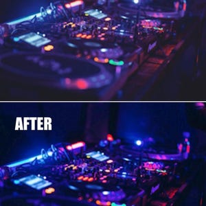 Puede incluir: Imagen de una configuraci&oacute;n de DJ con el texto "BEFORE" en la parte superior y "AFTER" en la inferior. El equipo est&aacute; iluminado con luces azules, rojas y naranjas, creando un ambiente vibrante. Incluye tocadiscos y una mesa de mezclas.