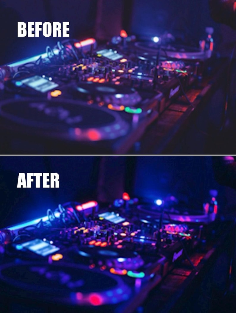 Puede incluir: Imagen de una configuraci&oacute;n de DJ con el texto "BEFORE" en la parte superior y "AFTER" en la inferior. El equipo est&aacute; iluminado con luces azules, rojas y naranjas, creando un ambiente vibrante. Incluye tocadiscos y una mesa de mezclas.