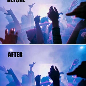 Puede incluir: Comparaci&oacute;n de im&aacute;genes que muestra un efecto de antes y despu&eacute;s. La mitad superior muestra una escena borrosa de personas con las manos levantadas en un ambiente lleno de humo. La mitad inferior muestra la misma escena, pero con mayor claridad y color, con el texto "AFTER" en la parte superior.