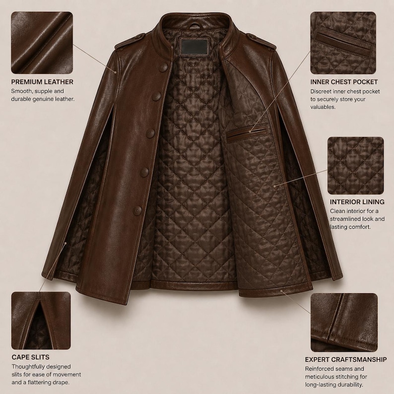 May include: A dark brown leather cape featuring a stand-up collar, a front button closure, and arm slits. The interior is lined with a quilted fabric and includes an inner chest pocket. Text labels highlight premium leather, inner chest pocket, interior lining, cape slits, and expert craftsmanship.