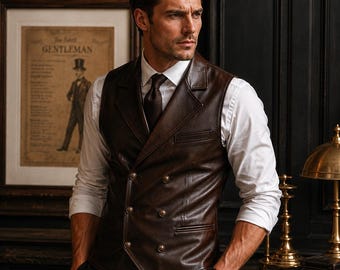 Op de afbeelding: Een donkerbruin leren double-breasted vest met een ingekeepte revers, zes metalen knopen en twee zijzakken. Het vest wordt gedragen over een wit overhemd met lange mouwen, een donkerbruine stropdas en een donkerbruin polshorloge.