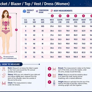 May include: A size conversion chart for jackets, blazers, tops, vests, and dresses. The chart includes a diagram of a figure with labeled measurement points A through F, a table of U.S., EU, and international sizes, and instructions for measuring.